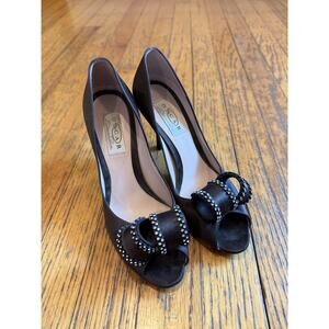 Oscar de la Renta Shoes Womens Size 7M Brown Bow Crystal Peep Toe Heels Italy